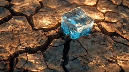 A cracked, dry earth with a melting ice cube on top, symbolizing the impact of global warming on polar ice caps and rising temperatures. --chaosの素材