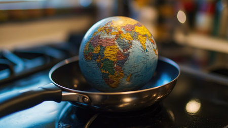 A globe placed in a frying pan, symbolizing the heating of the planet and global warming's impact on temperatures worldwide. --chaosの素材