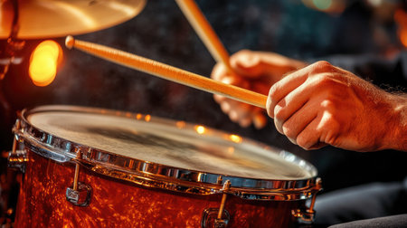 A close-up shot of a drummer's hands playing a snare drum in a studio, with wooden drumsticks creating motion blur. --chaosの素材