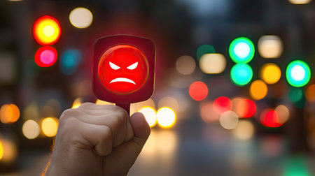 A hand raises a red angry emoji icon with a distressed expression, in front of a blurred background of traffic lights. --chaosの素材