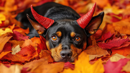 Adorable pup dressed as a demon, with oversized horns and a playful expression, lying on a bed of colorful autumn leaves.の素材