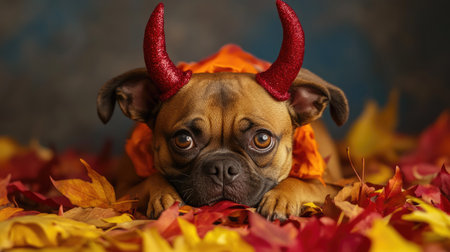 Adorable pup dressed as a demon, with oversized horns and a playful expression, lying on a bed of colorful autumn leaves.の素材