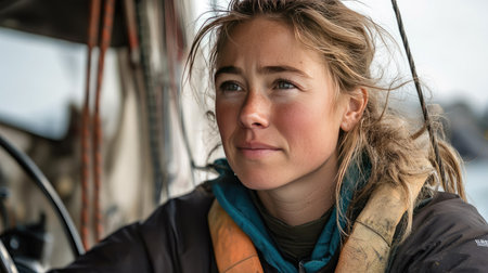 Close-up of a female captain's face as she stands at the helm, focusing on steering the sailboat through calm waters, with the sun in the background --chaosの素材