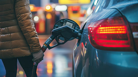 A candid photo of a person standing next to their car, preparing to refuel, with a petrol gun in hand and a gas station bustling in the background.の素材