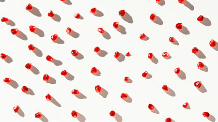 An overhead view of scattered pomegranate seeds, their bright color contrasting against a clean white surface.の素材