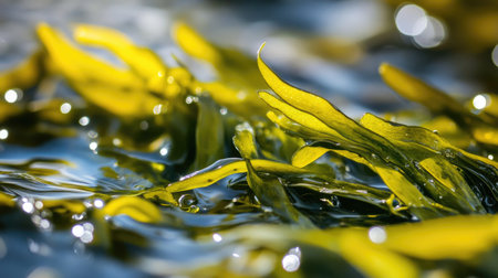 Close-up of green seaweed floating in a puddle, with tiny air bubbles and small marine creatures visible beneath the water's surface. --chaosの素材