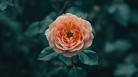Beautiful pink rose blossom standing out against a dark green background, showcasing the intricate layers of its petals --chaosの素材