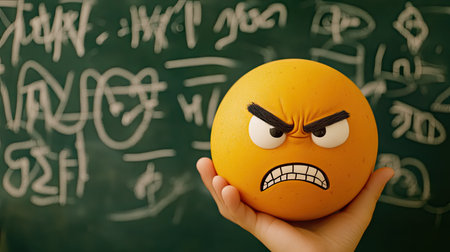 A hand gripping an angry emoji with a scowling face, in front of a chalkboard filled with chaotic scribbles. --chaosの素材