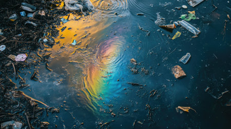 A close-up of polluted water with an oily rainbow sheen, floating debris, and plastic waste, symbolizing the harmful effects of water contamination.の素材