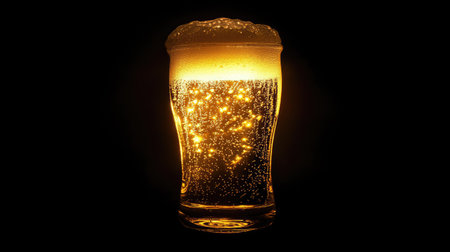 Cold beer in a tall glass with frothy foam, sitting against a black background, illuminated to emphasize the refreshing drink. --chaosの素材