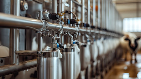Milking a cow using an automated milking system, with stainless steel equipment and milk flowing into a collection tank. --chaosの素材