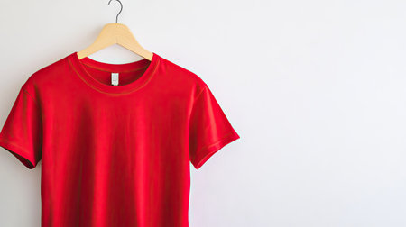 Plain red t-shirt hanging on a minimalist hanger against a white background, showcasing the bright color and simple design of the garment. --chaosの素材