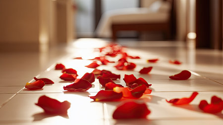 A romantic trail of rose petals on a white tiled floor, leading to a cozy room in the distance.の素材