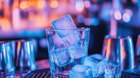 A close-up of ice cubes in a cocktail shaker, with an ice cube tray in the background, capturing the preparation of a refreshing drink in a lively bar setting.の素材