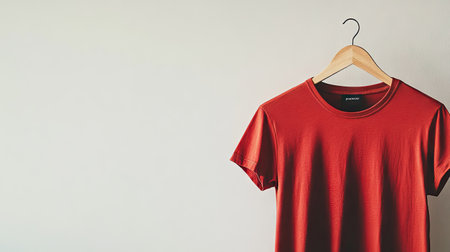 Plain red t-shirt hanging on a minimalist hanger against a white background, showcasing the bright color and simple design of the garment. --chaosの素材