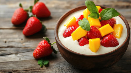 A bowl of almond tofu dessert topped with fresh fruit pieces like mango and strawberries. Served on a wooden table, with a soft-focus background. --chaosの素材