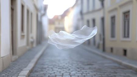 A light piece of fabric blowing in the wind on a quiet street, with cobblestones underfoot and historic buildings lining the way. --chaosの素材
