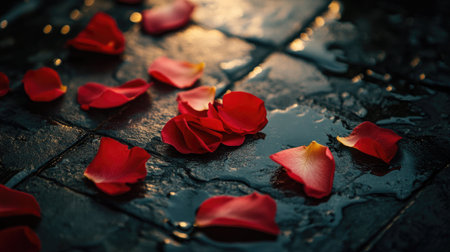 A close-up of fresh rose petals on a dark tiled floor, highlighting their vibrant colors and textures.の素材