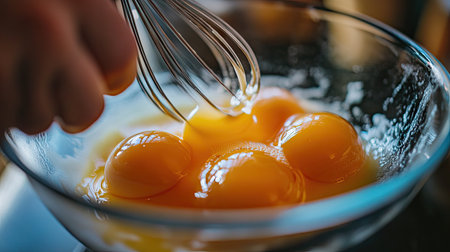 A close-up of a hand whisking eggs in a bowl, with yolks and whites blending together.の素材