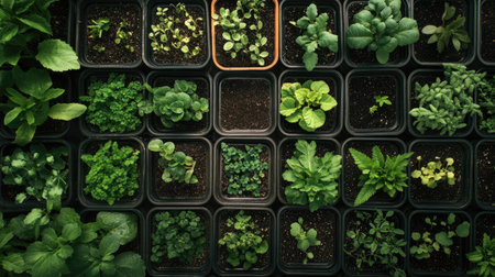 A greenhouse filled with nursery trays, each containing young plants at different stages of growth.の素材