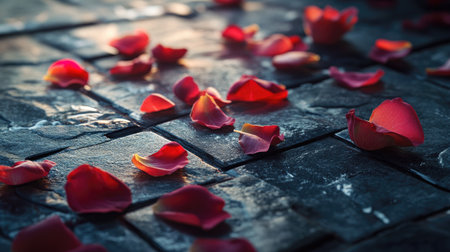A close-up of fresh rose petals on a dark tiled floor, highlighting their vibrant colors and textures.の素材