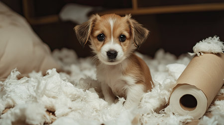 Playful puppy surrounded by shredded pillow stuffing and a torn toilet paper roll, looking innocently at the camera with a guilty expression.の素材
