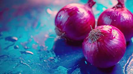 Whole red onions with their skin intact, placed on a vibrant blue countertop, contrasting beautifully with the deep purple hues.の素材