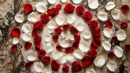 A spiral pattern of white and red rose petals on a polished granite floor, viewed from above.の素材