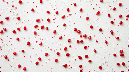 An overhead view of scattered pomegranate seeds, their bright color contrasting against a clean white surface.の素材
