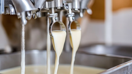Milking a cow using an automated milking system, with stainless steel equipment and milk flowing into a collection tank. --chaosの素材