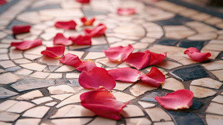 Soft pink rose petals lying scattered on a patterned mosaic floor, adding a touch of elegance.の素材