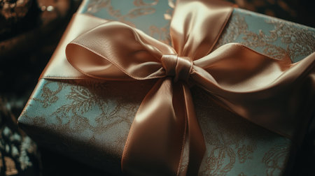 A satin ribbon bow atop a beautifully wrapped present, with soft, natural light reflecting off the glossy surface, enhancing its elegance.の素材