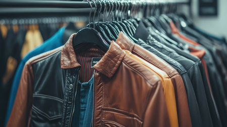A modern clothing rack filled with a mix of leather jackets, lightweight shirts, and warm coats, in a trendy, urban fashion boutique.の素材