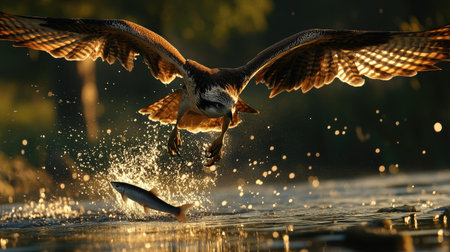 A bird swooping down over a lake, its talons grasping a fish just above the water's surface, with water droplets splashing around. --chaosの素材