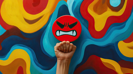 A hand displays a red angry emoji icon, with a background of swirling abstract shapes, representing emotional turmoil. --chaosの素材