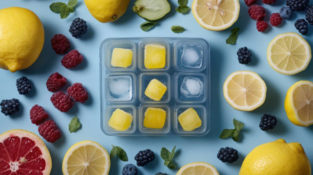 A flat lay of various ice cube trays in different shapes and sizes, surrounded by fresh fruits like lemons and berries, illustrating fun and creativity in beverage preparation.の素材