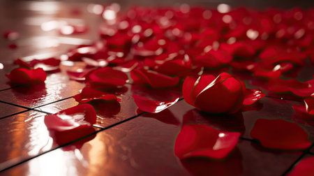 A single layer of red rose petals arranged as a carpet on a shiny ceramic floor, reflecting soft light.の素材