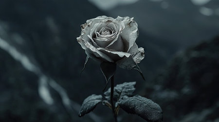A dying rose with faded petals, symbolizing fragility, against a somber black background.の素材