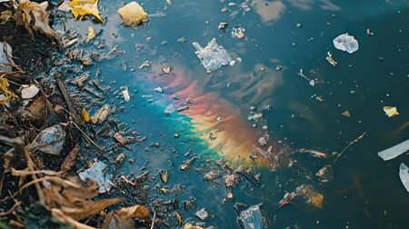A close-up of polluted water with an oily rainbow sheen, floating debris, and plastic waste, symbolizing the harmful effects of water contamination.の素材