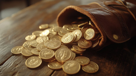 A pile of gold coin dollars being poured out of a leather pouch onto a table, creating a sense of financial abundanceの素材