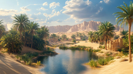 A breathtaking view of a desert oasis with palm trees and a small water body, contrasting against the dry sandy surroundings.の素材