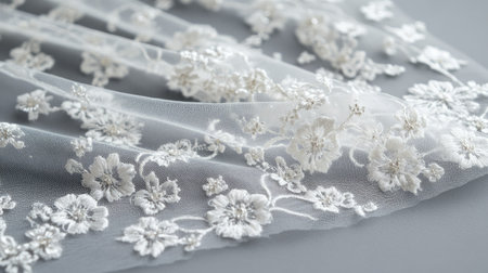 A piece of luxury tulle fabric with a delicate pattern, elegantly positioned on a simple gray background.の素材