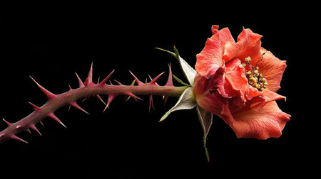 A close-up of a single red rose with its thorny stem, isolated on a black background.の素材