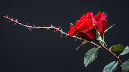 A close-up of a single red rose with its thorny stem, isolated on a black background.の素材
