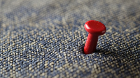 A red pushpin pierced into a fabric-covered board, creating a textured contrast.の素材