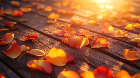 Yellow and orange rose petals lying scattered on a rustic wooden floor under the golden light of sunset.の素材