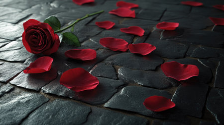 Vibrant red rose petals on a textured black floor, with a single rose stem placed beside them.の素材