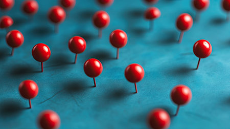 A scattering of red pushpins over a blue paper surface, creating a striking contrast.の素材