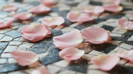 Soft pink rose petals lying scattered on a patterned mosaic floor, adding a touch of elegance.の素材