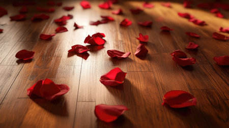 A scattering of red rose petals on a polished wooden floor, creating a romantic ambiance in soft lighting.の素材